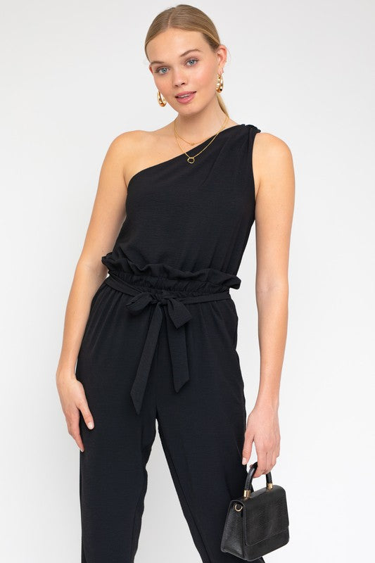 Sleeveless One Shoulder Waist Tie Jumpsuit