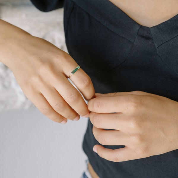 Green Long Crystal Baguette Ring