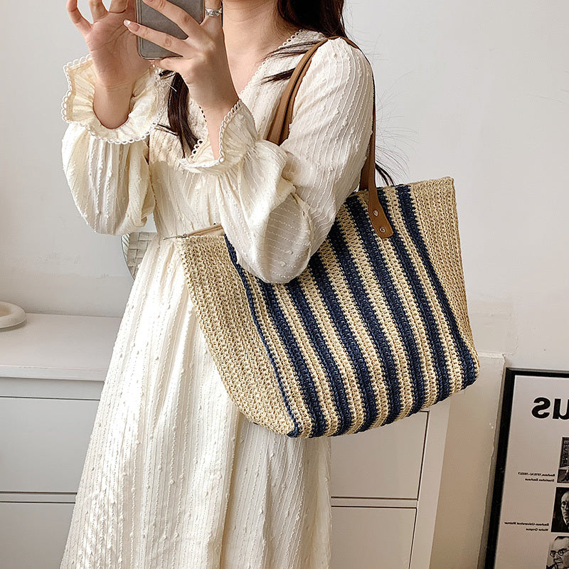 Ladies Striped Straw Bag