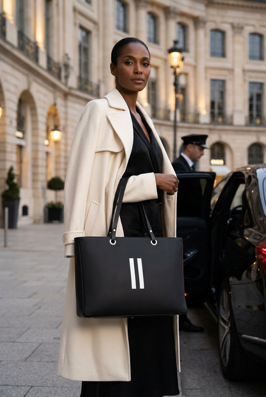 Model carrying the FETICHE ByVali Poise Handbag in Noir beside a chauffeured car on an elegant city street.